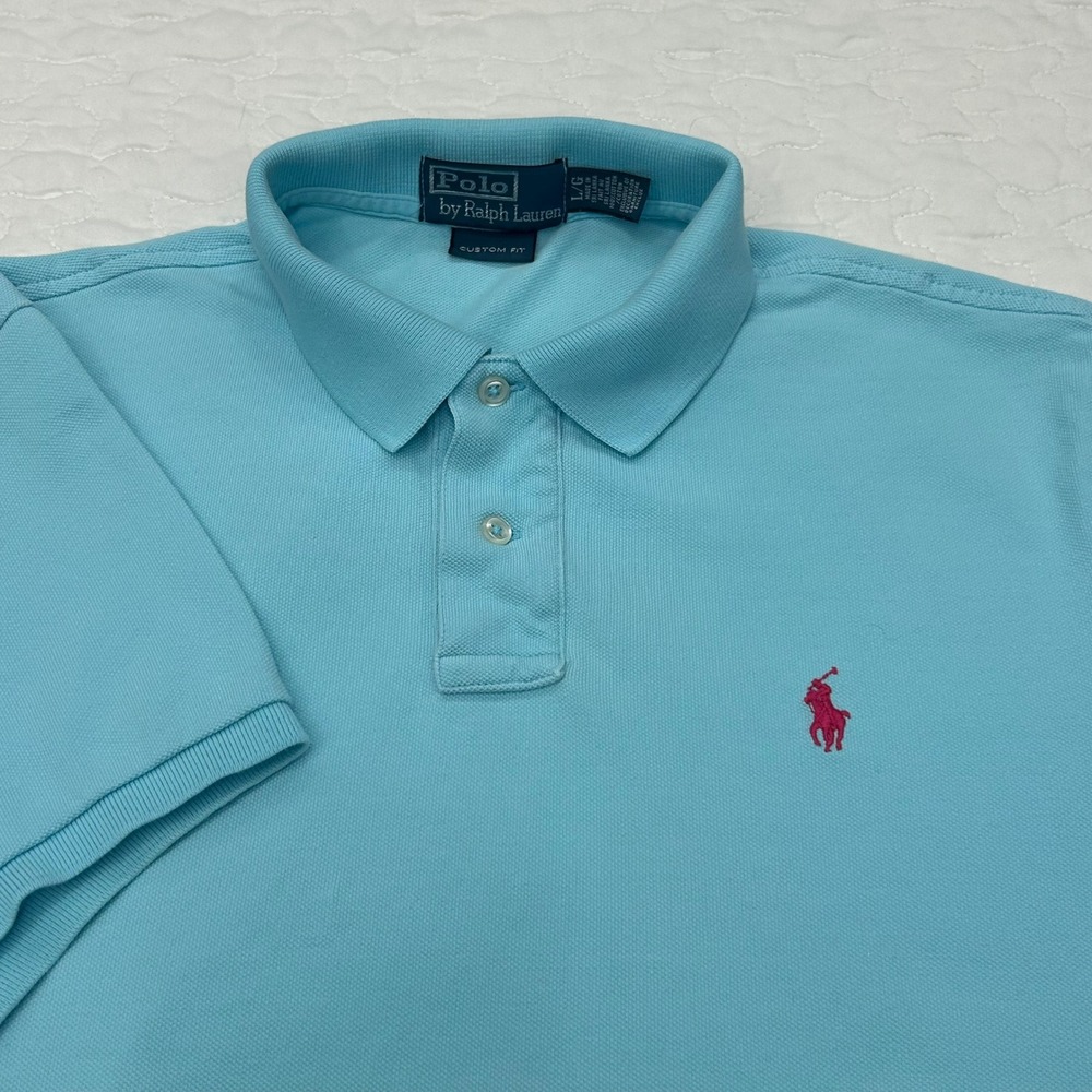 Polo Ralph Lauren Custom Fit Polo Shirt Mens L Light Blue Short Sleeve Preppy